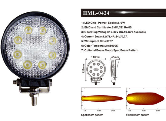 1920lm 90° 24 Watt LED Round Flood Lights For Industrial Vehicles
