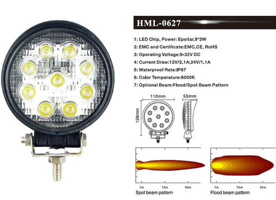 2160lm Round LED Work Flood Lights 27W Industry Mining Offroad Lighting